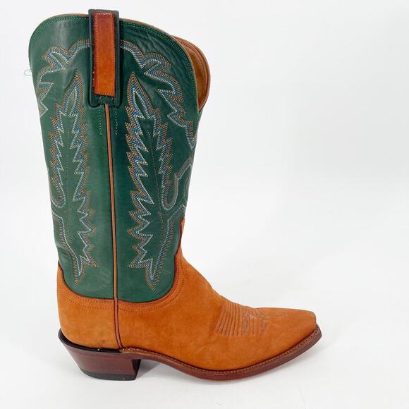 Vintage Lucchese Green Camel Tan Snip Toe Western Stitching Cowgirl Boot size 8 - Picture 2 of 11